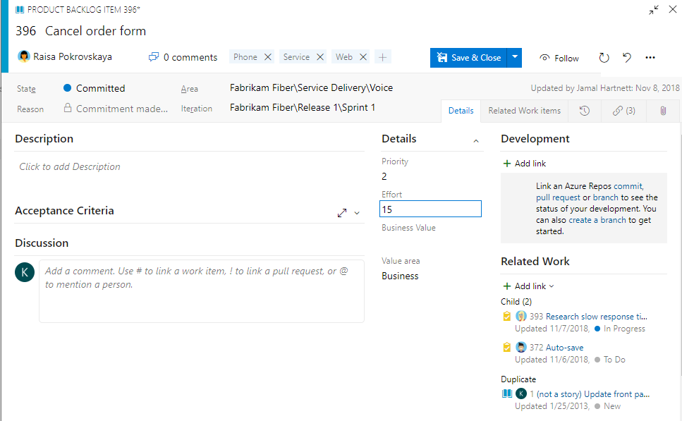 Screenshot that shows adding details to the Scrum Product backlog work item form.