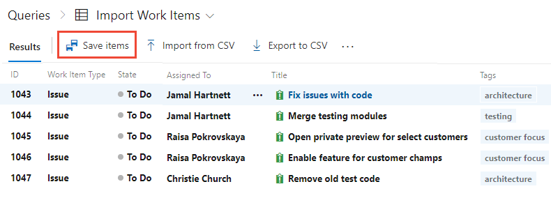 Screenshot showing Import Work Items with the option to Save items.