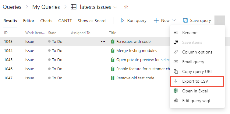 Screenshot showing work items in a query with the option to Export to CSV selected.