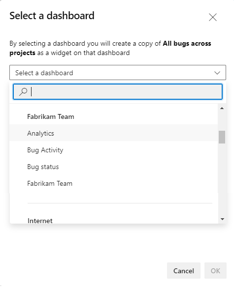 Screenshot of Select a dashboard dialog.