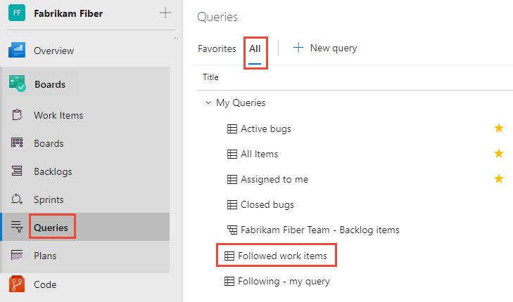 Boards>Queries>All>Followed work items, new nav
