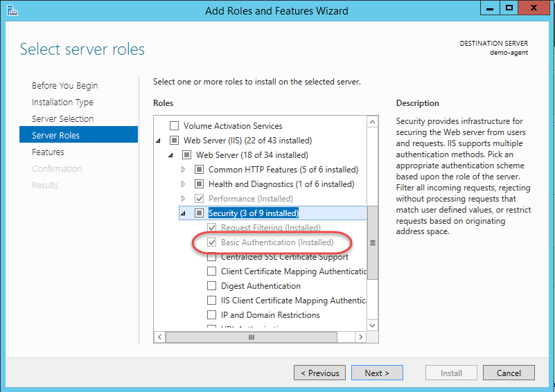 Screenshot of configure basic authentication feature.