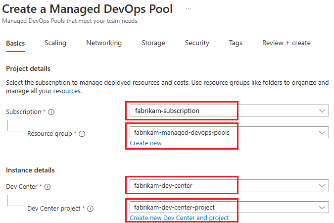 Screenshot of Create Managed DevOps Pools initial configuration settings.