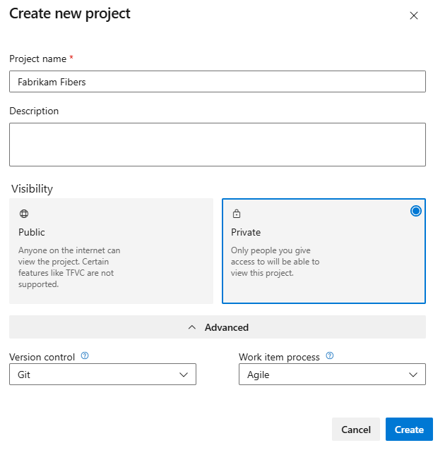 Screenshot of create new project form.