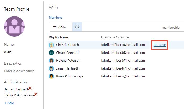 Screenshot of Team profile page, remove a team member.