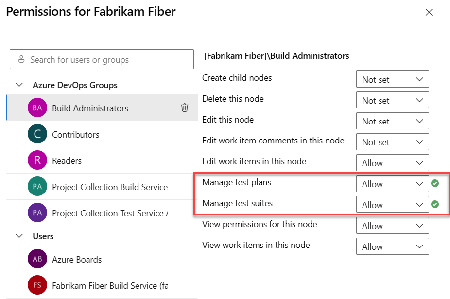 Screenshot showing access set to Allow for test plans and suites.