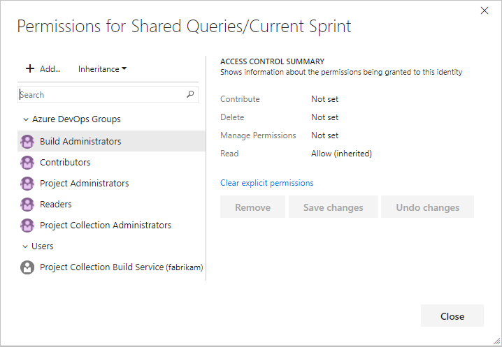 Screenshot of Query folder permissions dialog.