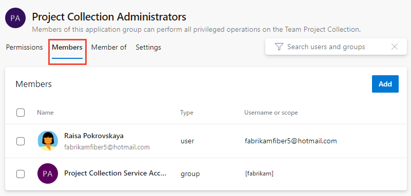 Screenshot of Security, Project Collection Administrators group, Members tab.