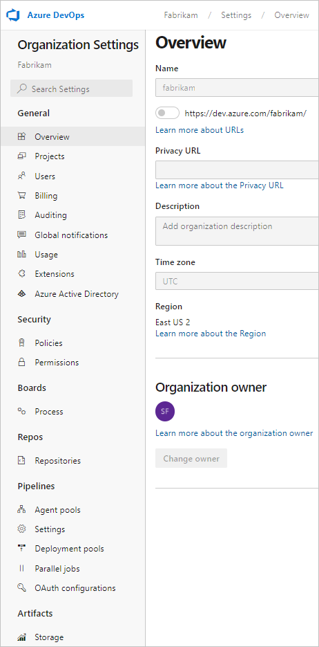 Screenshot of Organization settings options, cloud.