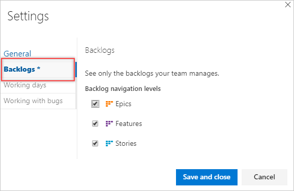 Screenshot shows Team settings dialog, Backlogs tab.