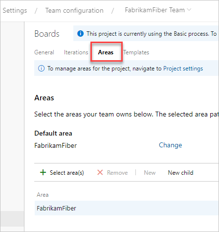 Screenshot shows Area page for team.