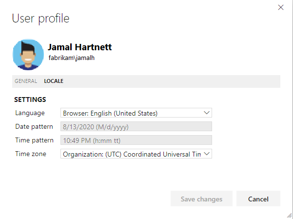 Screenshot that shows the Time and Locale pane with Date pattern and Time pattern fields.