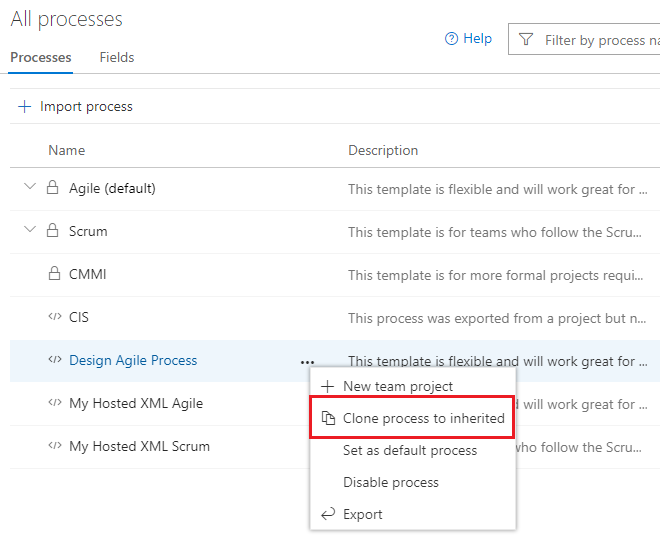 Agile process context menu, Choose Clone process to inherited