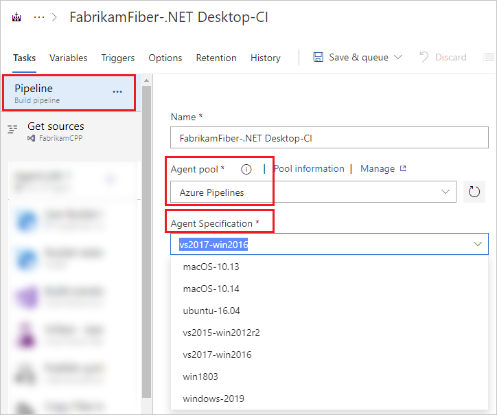 Screenshot of selecting and Agent pool and choosing the desired agent.