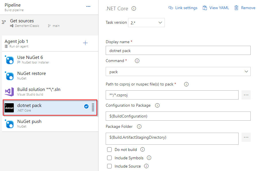 A screenshot showing how to configure the dotnet pack task in a classic pipeline.