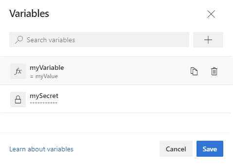 Manage pipeline variables in the YAML editor.