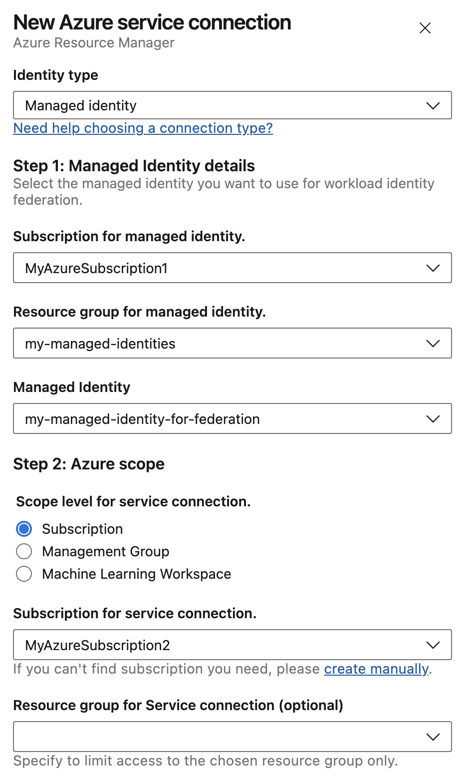 Screenshot of the New Azure service connection screen with managed identity.