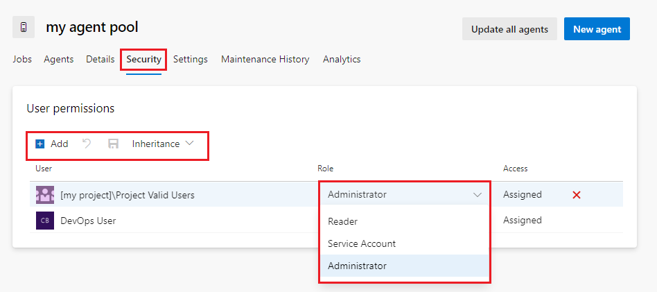 Screenshot of organization-level security dialog for an individual agent pool.