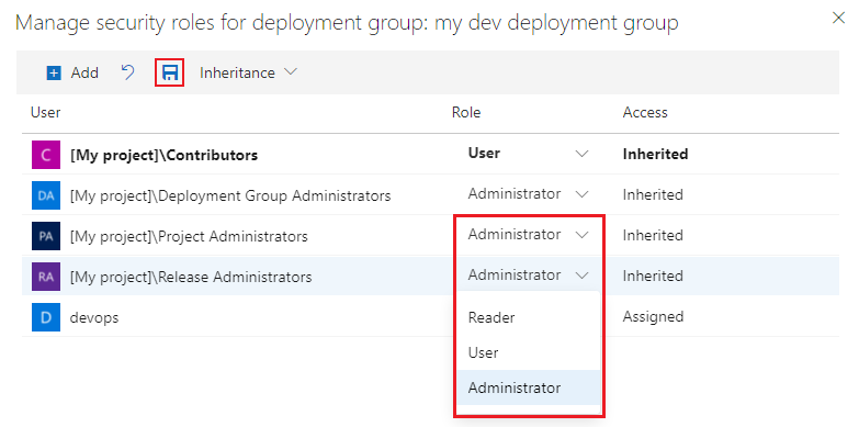 Screenshot of object-level deployment group security dialog.