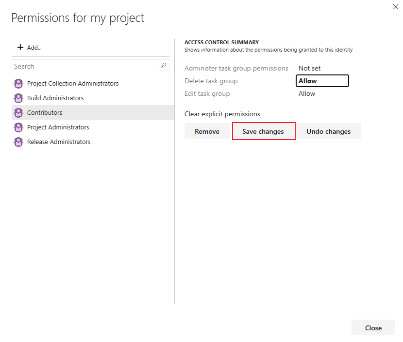 Screenshot of pipeline task groups security dialog.