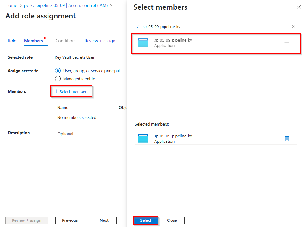 A screenshot showing how to add a service principal as a secret user for an Azure Key Vault.