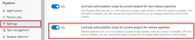 A screenshot that shows how to set the job authorization scope for a project.