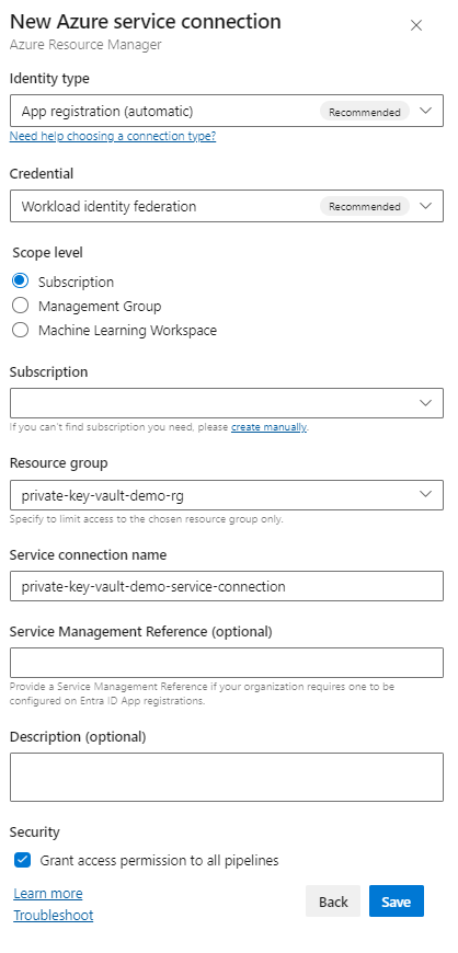 A screenshot displaying how to configure an ARM service connection for a service principal.