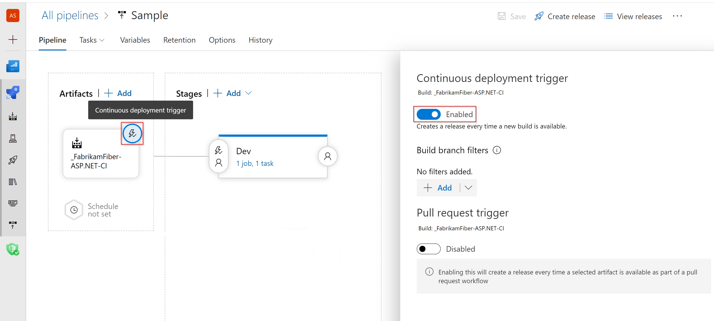 A screenshot displaying how to enable the continuous deployment trigger.