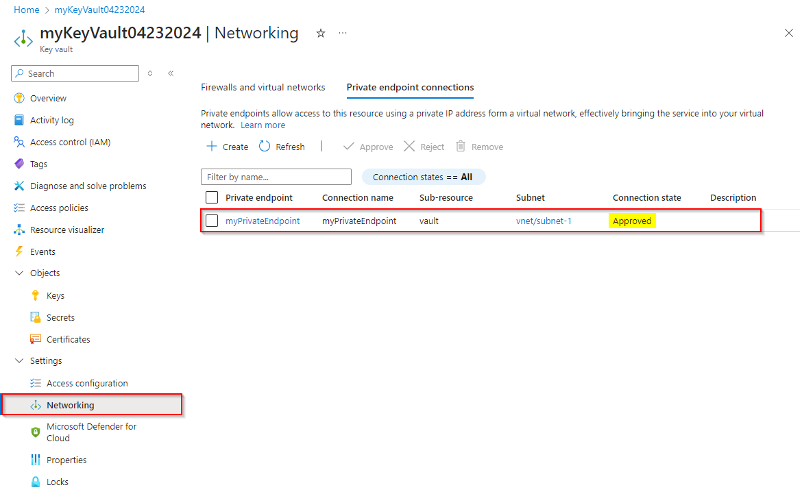 A screenshot showing an approved private endpoint connection