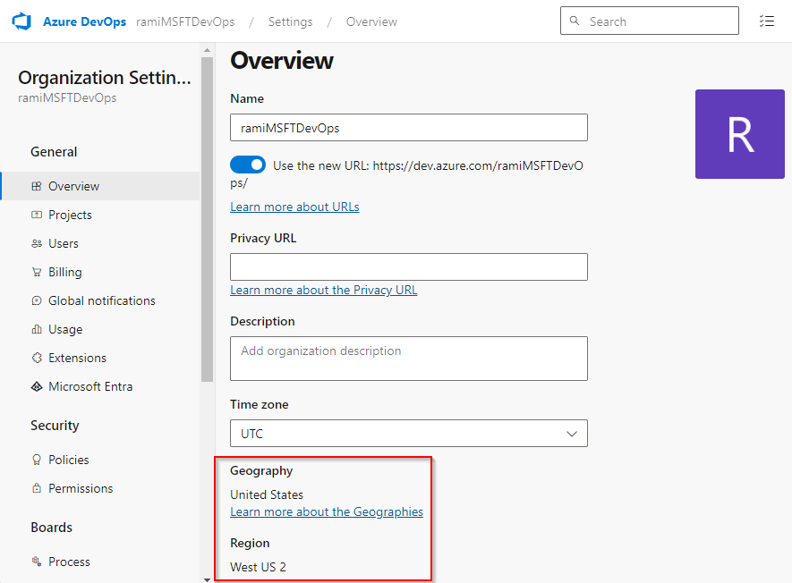 A screenshot showing how to find the geographical location of your Azure DevOps organization.