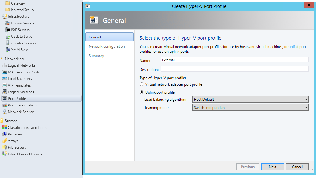 Creating another Hyper-V port profile for external logical network