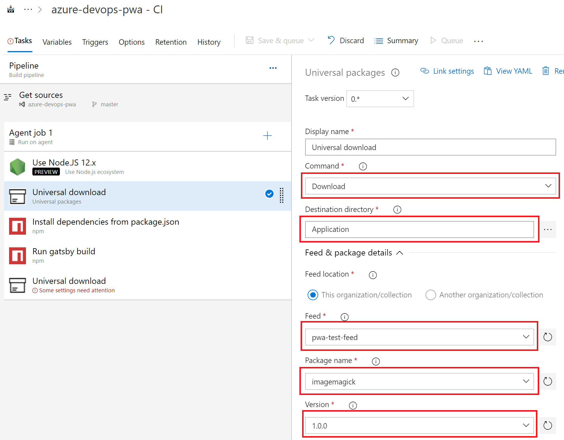 Screenshot of configuring the Universal Package task to download.