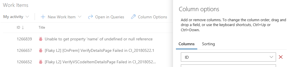 Column Options in the Work Items hub