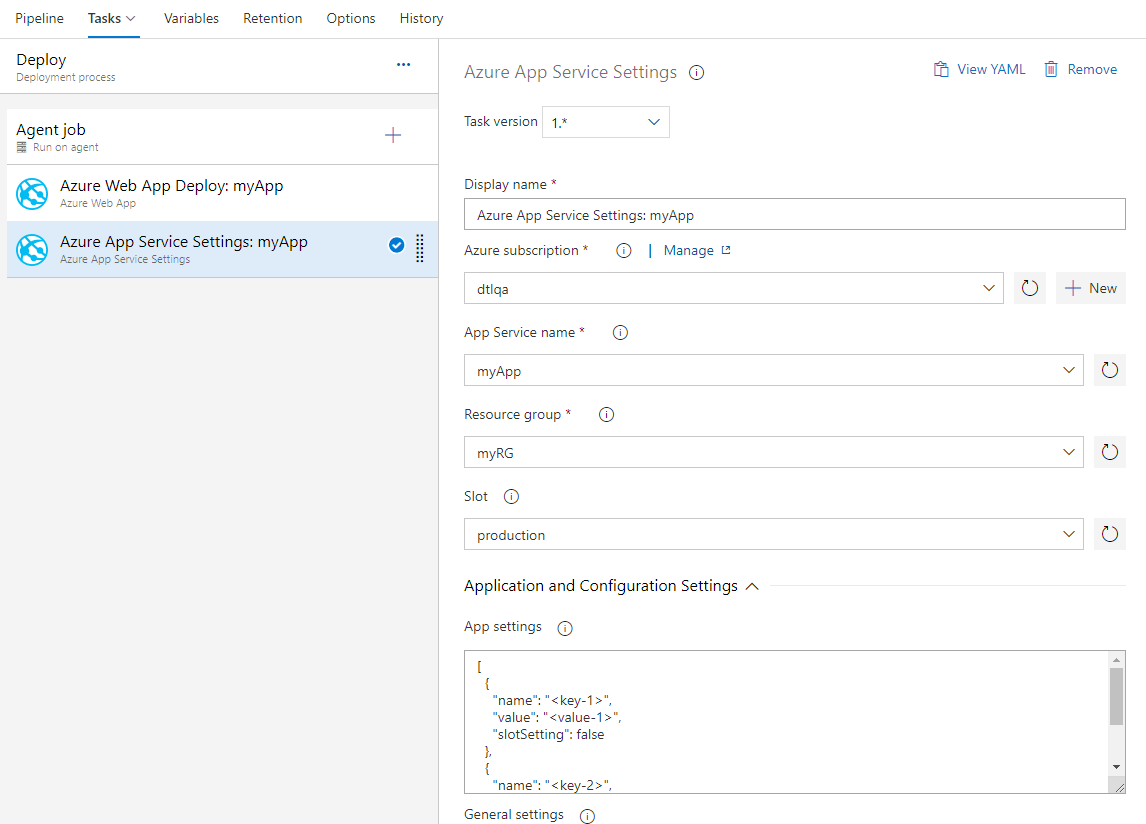 New task for configuring Azure App Service app settings.