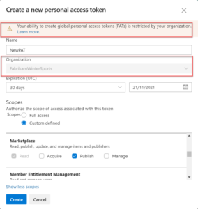 Create personal access tokens to deploy to Marketplace
