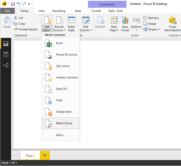 Screenshot of Power BI, Blank Query.