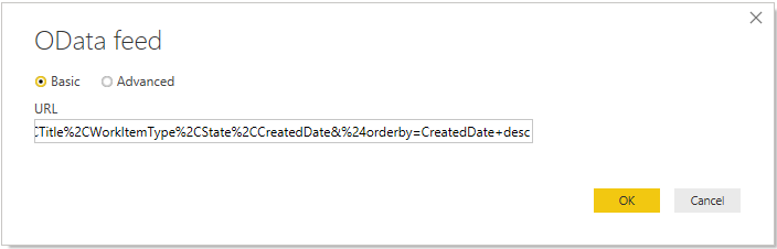 Screenshot that shows the OData feed dialog where you paste the OData query.