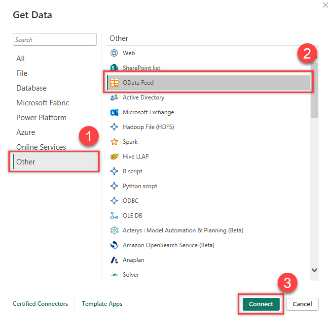 Screenshot showing the OData Feed button.