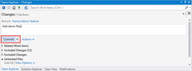 Creating a Git commit in Team Explorer