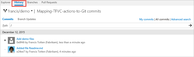 Viewing Branch history in Azure Repos