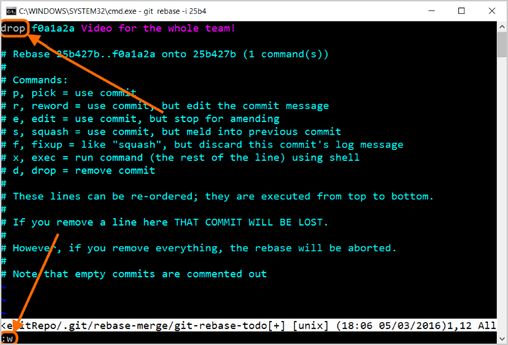 Command Prompt - git rebase -i 25b4 drop command