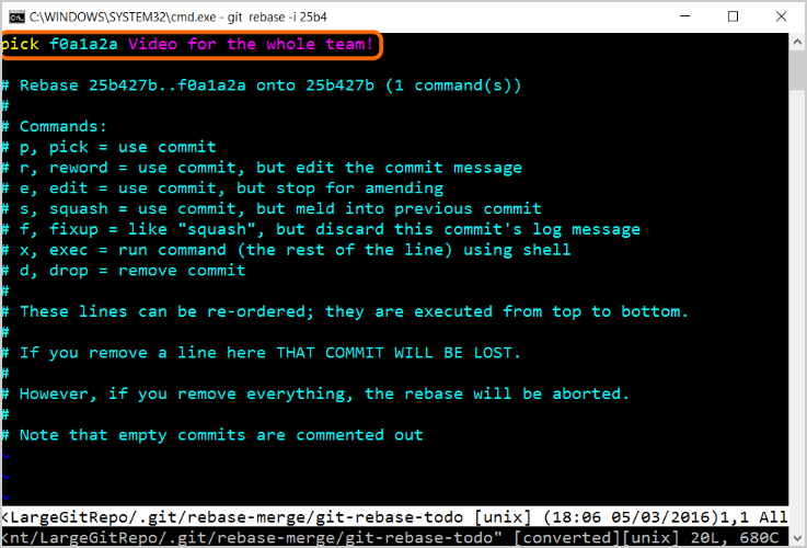 Command Prompt - git rebase -i 25b4 pick command