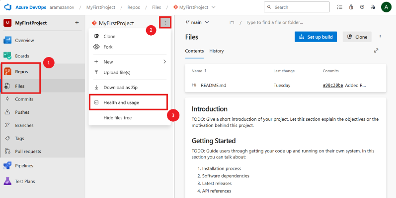 Screenshot of the Health and usage menu item in the More actions menu on the Repo Files page in Azure Repos.