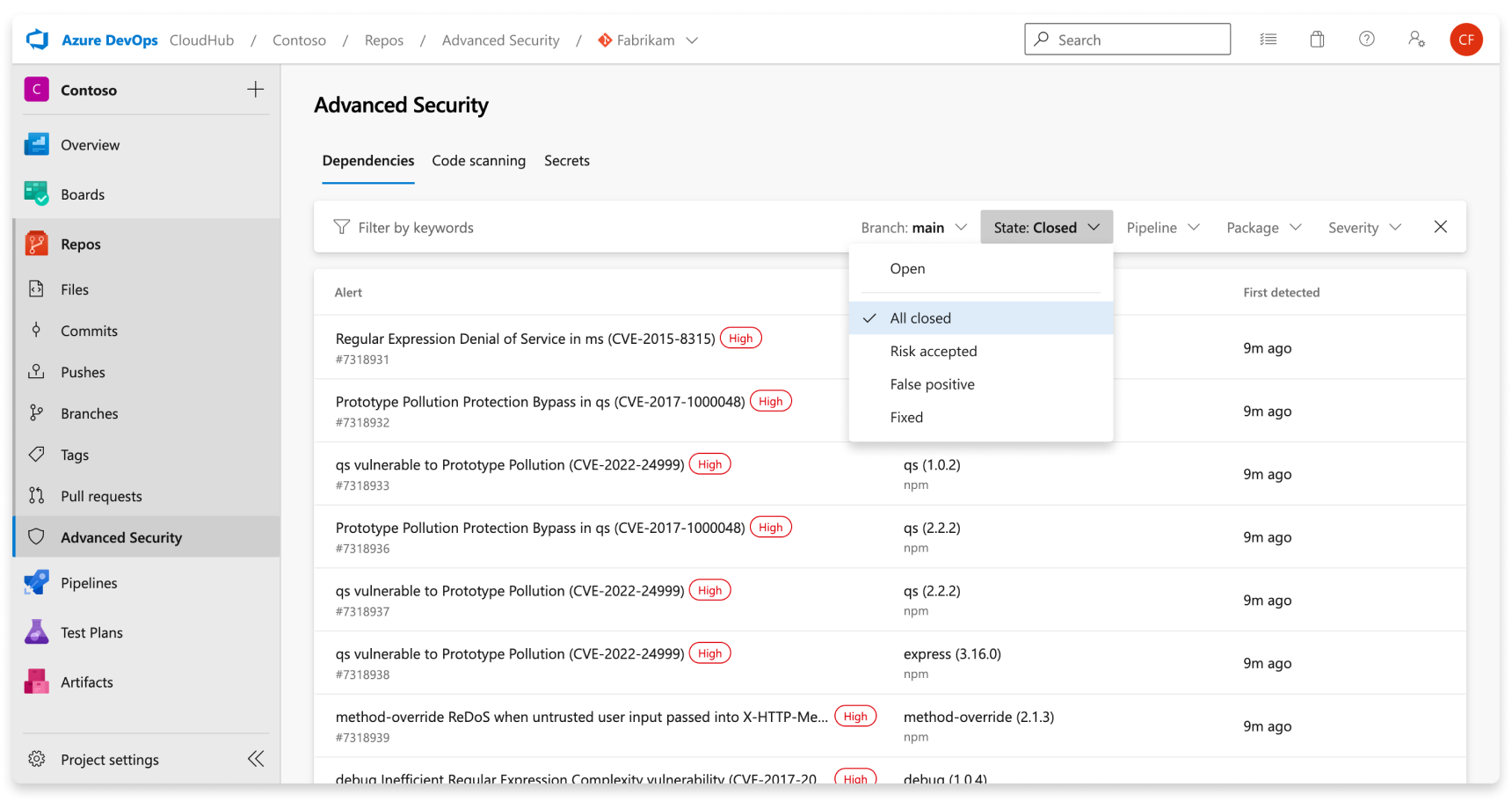 Screenshot of viewing closed dependency scanning alerts