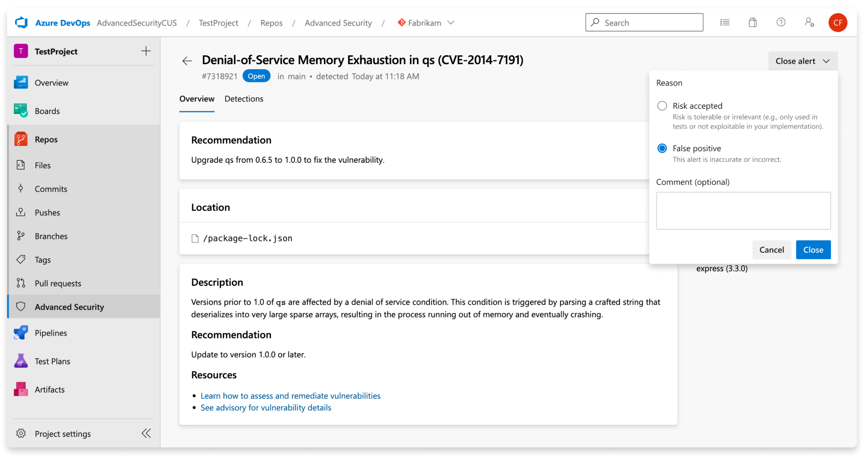 Screenshot showing how to dismiss a dependency scanning alert