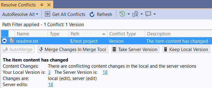 Screenshot that shows the Resolve Conflicts window.