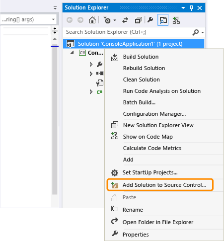 Screenshot of adding your solution to source control.