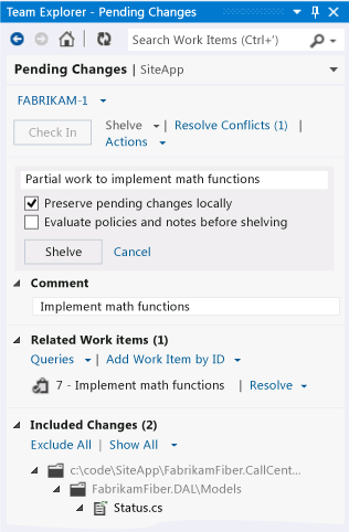 Screenshot of the Pending Changes page in Team Explorer. In the Shelve section, a name that describes the work is highlighted.