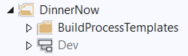 Screenshot of the Folders window in Visual Studio. The DinnerNow folder contains a folder named BuildProcessTemplates and a branch named Dev.