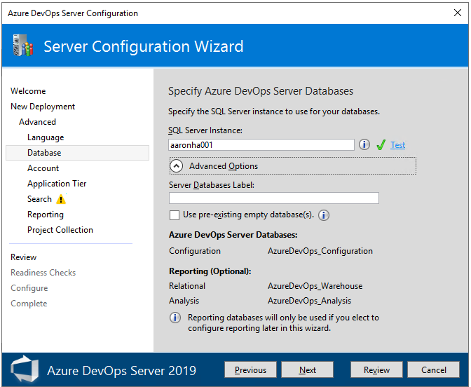 Screenshot of Advanced, select Database.